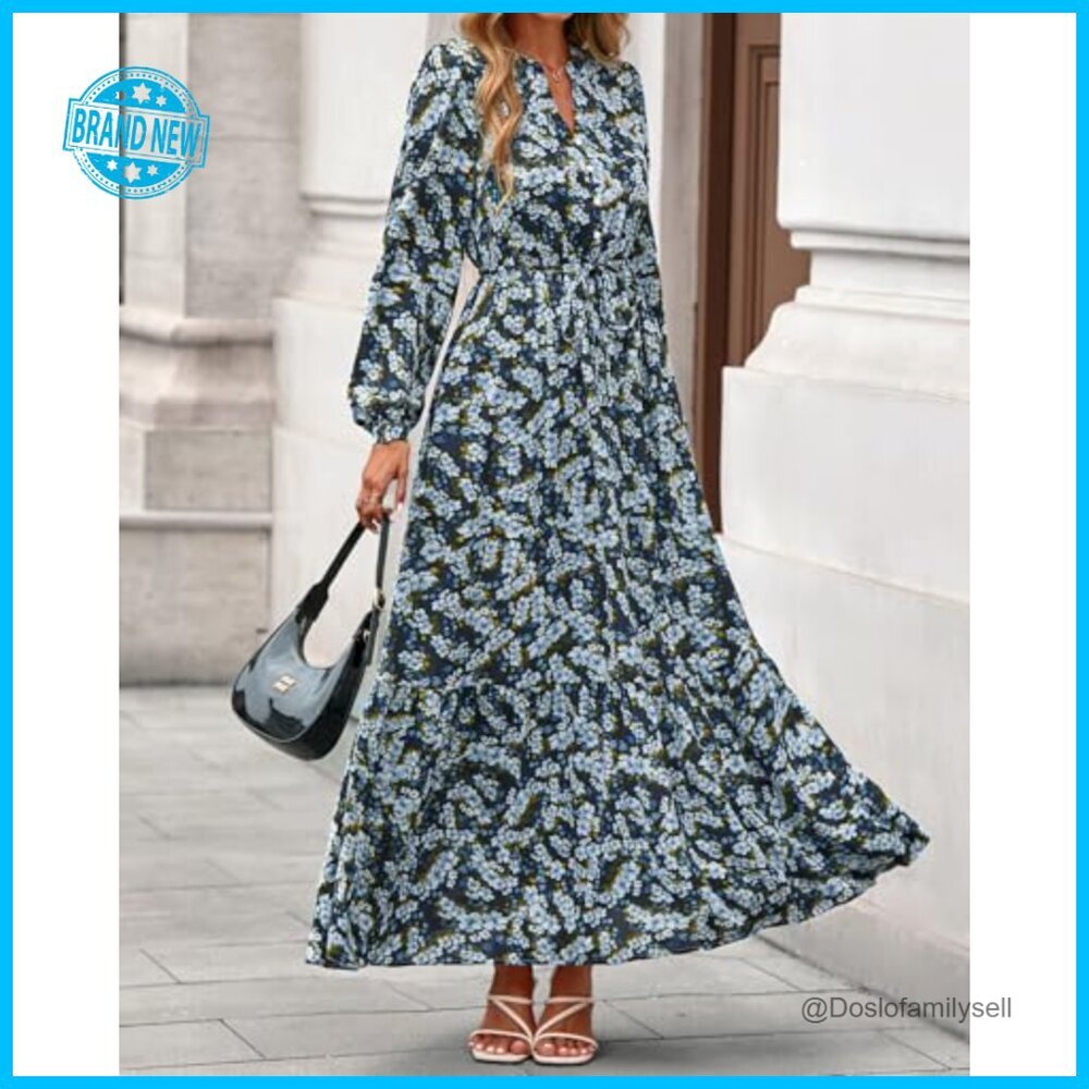 Boho Maxi Dress Floral Long Sleeve V-Neck Button Pockets Flowy Wedding Guest - Picture 5 of 7